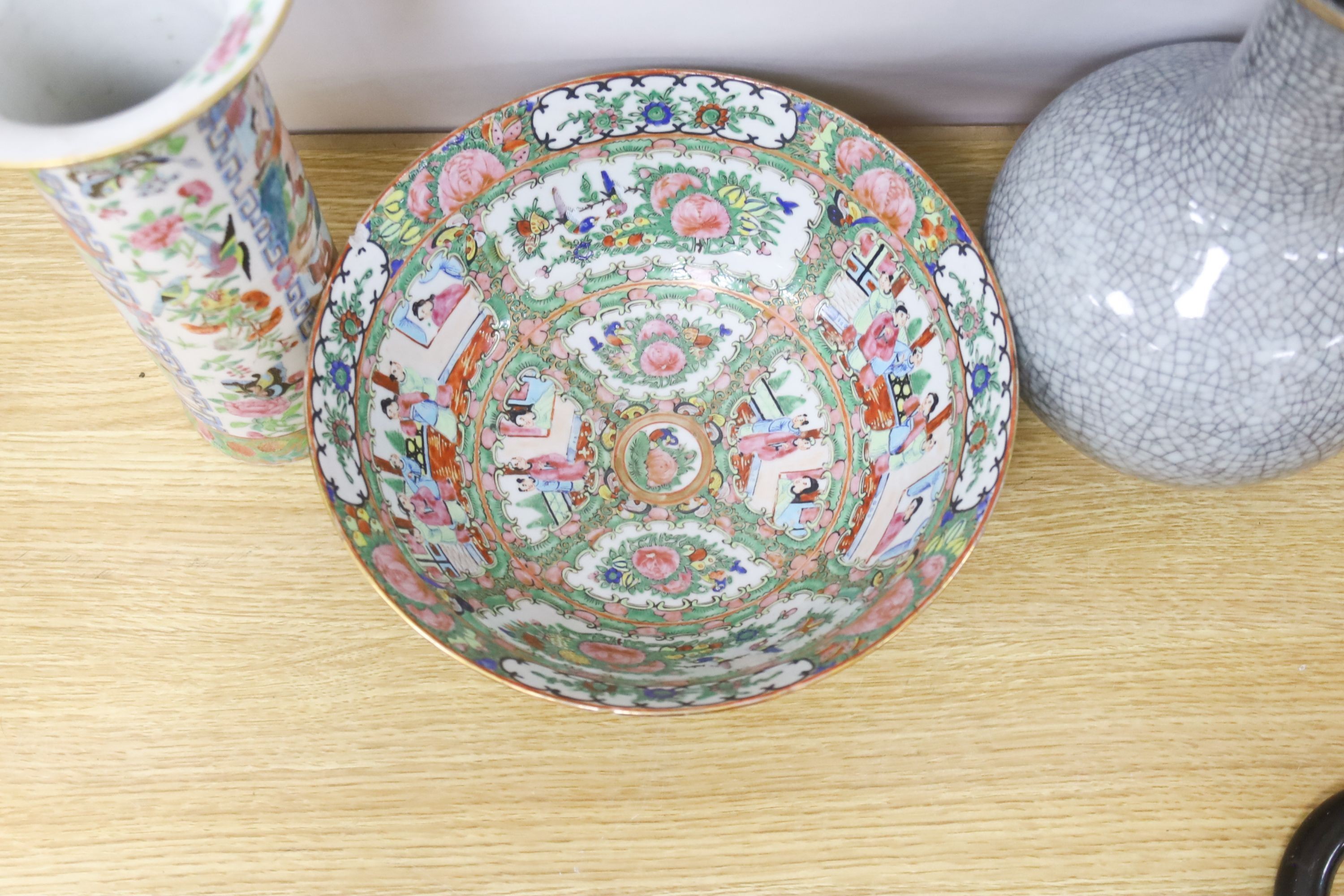A Chinese famille rose sleeve vase, a similar bowl and a crackle glaze vase, 19th century and later, 31cm